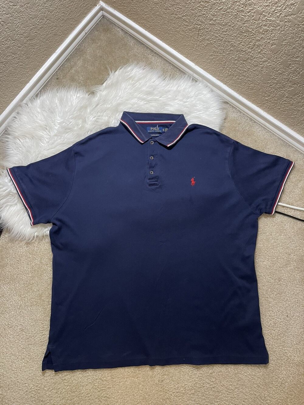 Polo Ralph Lauren Mens XL Custom Slim Fit Navy Blue Tipped Polo Shirt Red Pony